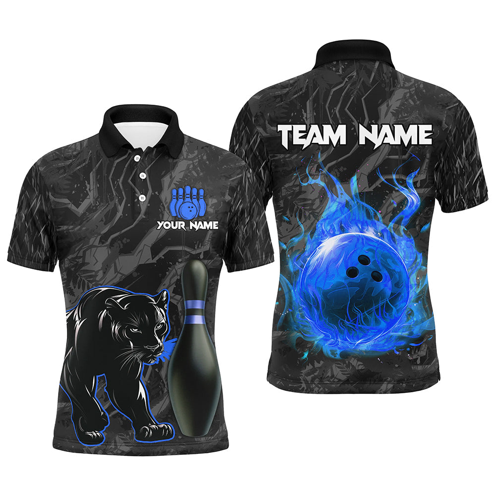 Black Camo Panther Blue Flame Bowling Polo, 1/4 Zip Shirts For Men Custom Bowling Team League Jersey NQS9443
