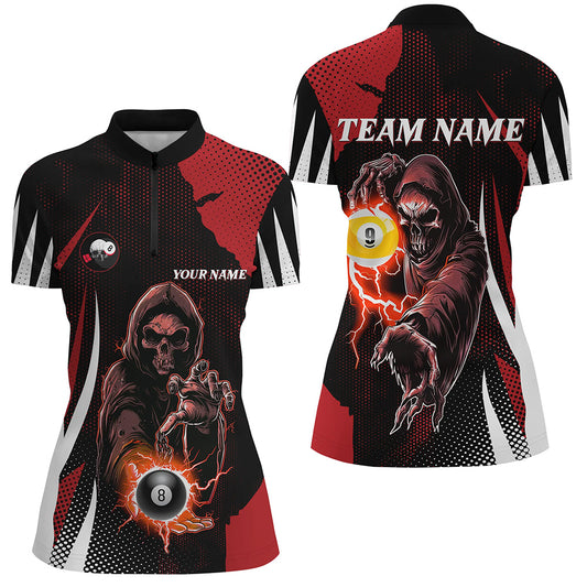 Funny Red Grim Reaper Billiard 8 Ball & 9 Ball Women Quarter-Zip Shirts, Billiard Jersey TDM1340