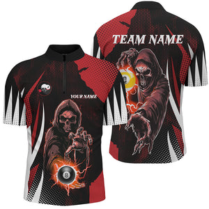 Funny Red Death Skeleton Billiard 8 Ball & 9 Ball Men Quarter-Zip Shirts, Billiard Jersey TDM1340