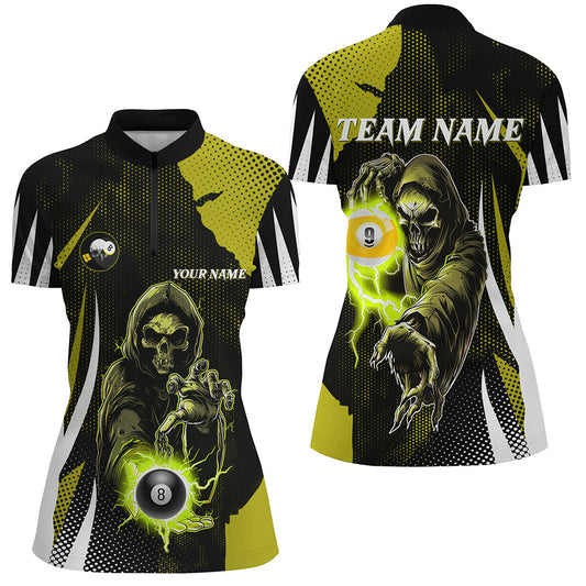 Funny Yellow Grim Reaper Billiard 8 Ball & 9 Ball Women Quarter-Zip Shirt, Billiard Jersey TDM1341