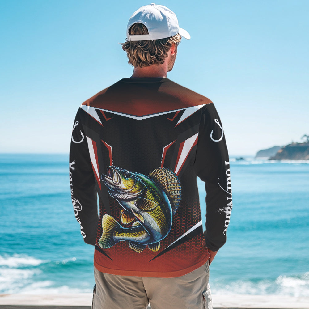 Black and Orange Walleye Long Sleeve Fishing Shirt, Personalized Walleye Fishing Tounament Jersey NQS9772