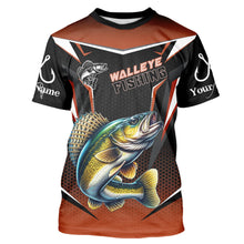 Load image into Gallery viewer, Black and Orange Walleye Long Sleeve Fishing Shirt, Personalized Walleye Fishing Tounament Jersey NQS9772