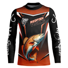 Load image into Gallery viewer, Black and Orange Redfish Long Sleeve Fishing Shirt, Personalized Red Drum Fishing Tounament Jersey NQS9774
