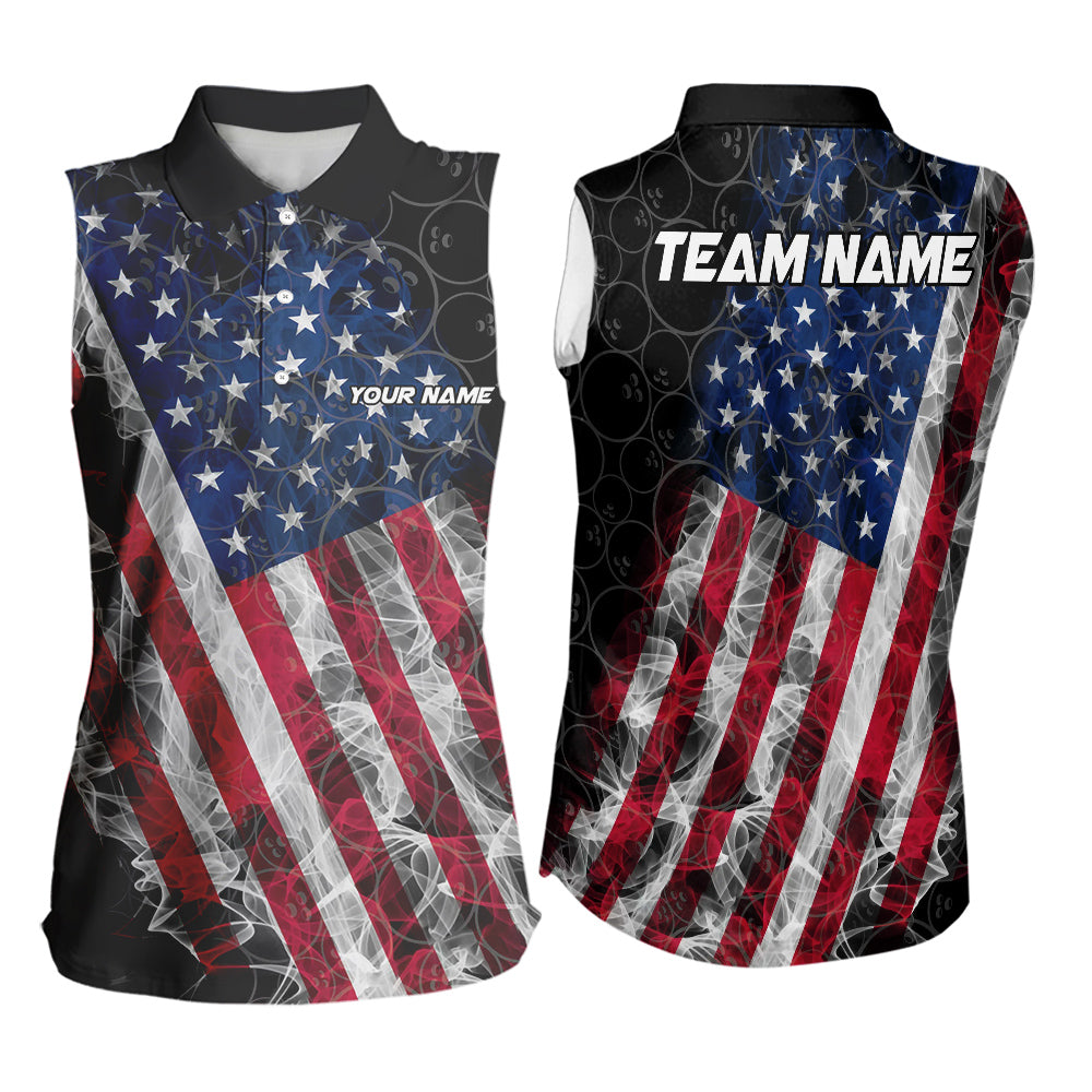Smoke American Flag Black Bowling Camo Sleeveless Polo shirt Custom patriotic Team bowling jersey NQS9779