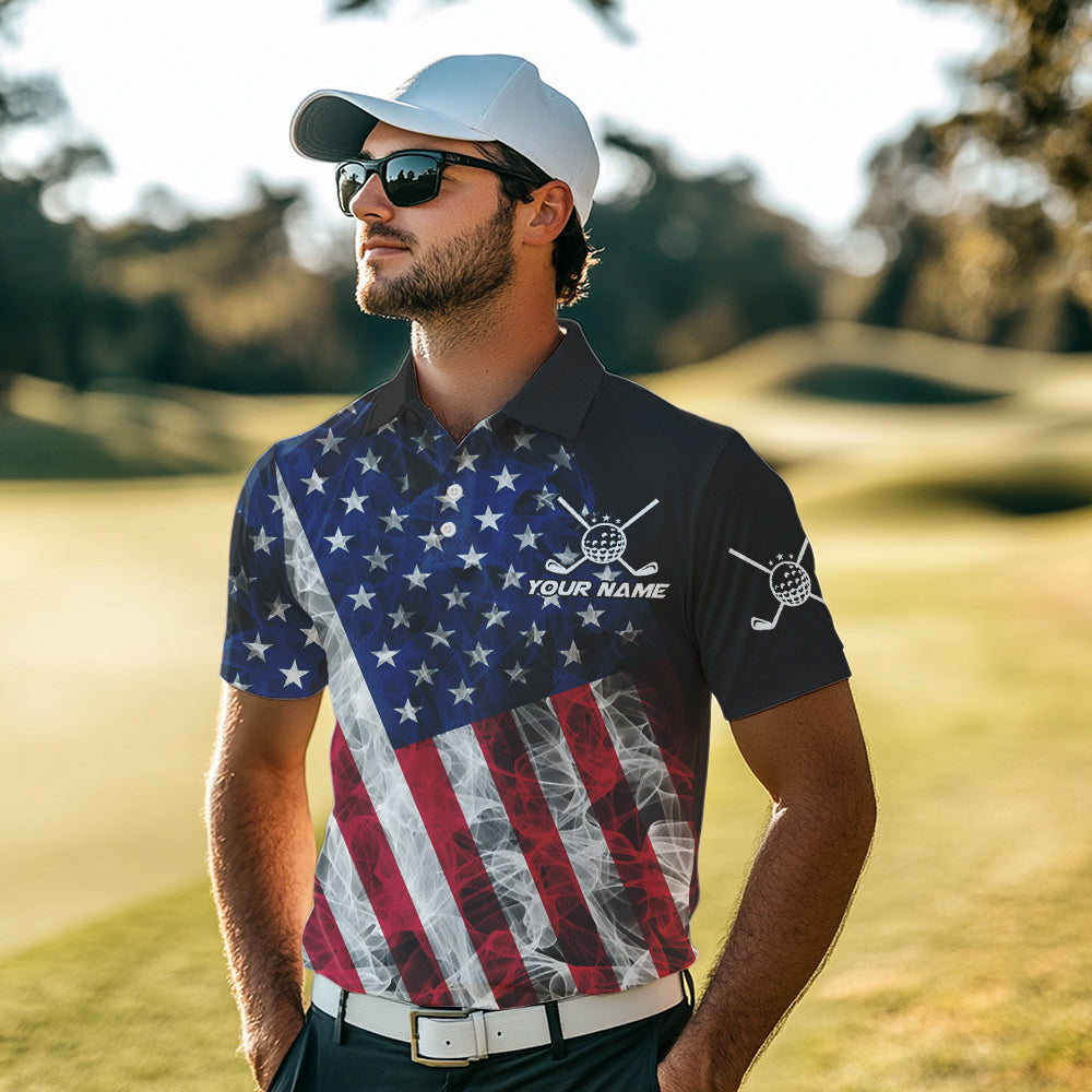 Smoke American Flag Black Golf Polo shirt for men Custom patriotic Team golf uniform jersey NQS9780