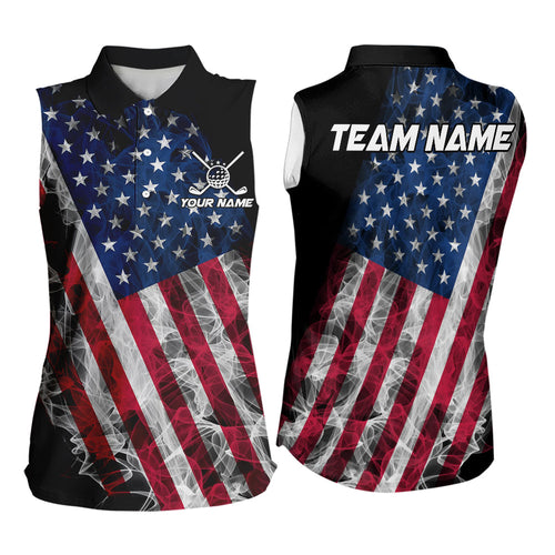 Smoke American Flag Black Women Sleeveless Golf Polo shirt Custom patriotic Team golf uniform jersey NQS9780