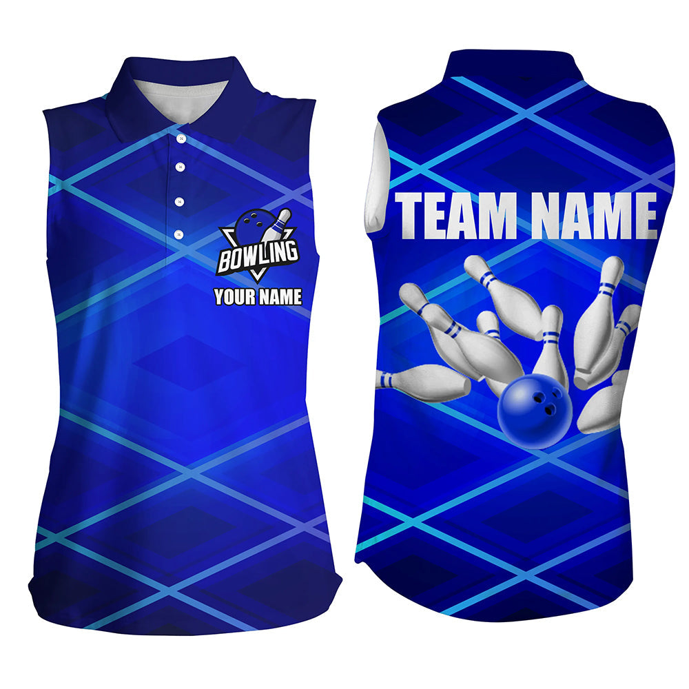 Women Sleeveless Polo Shirt Custom neon blue bowling team league jerseys, gifts for bowlers NQS7540