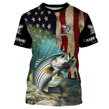 Load image into Gallery viewer, Striped Bass Striper Fishing American Flag Patriotic Custom Sun protection long sleeve fishing shirts NQS512