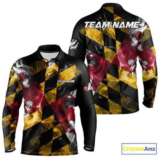 Smoke Maryland Flag Black Bowling Polo, 1/4 Zip shirt for men Custom patriotic Team bowling jersey NQS10322