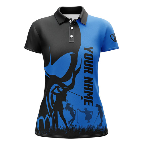 Womens golf polo shirts custom name skull golf black shirt jerseys, women golf tops | Blue NQS6240