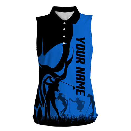 Womens sleeveless polo shirts custom name skull golf black shirt jerseys, women golf tops | Blue NQS6240