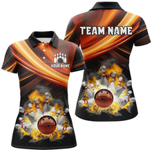 Load image into Gallery viewer, Personalized Black and Orange Smoke Flame Bowling Polo, 1/4 Zip Shirts For Women, cool bowling jerseys NQS8359
