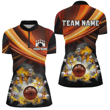 Load image into Gallery viewer, Personalized Black and Orange Smoke Flame Bowling Polo, 1/4 Zip Shirts For Women, cool bowling jerseys NQS8359