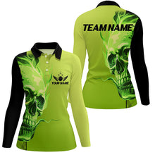 Load image into Gallery viewer, Custom Bowling Polo, Quarter Zip Shirts Women Green Flame Skull Team Bowling Jerseys Halloween Outfits NQS8363