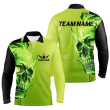 Load image into Gallery viewer, Custom Bowling Polo, Quarter Zip Shirts Men Green Flame Skull Team Bowling Jerseys Halloween Outfits NQS8363