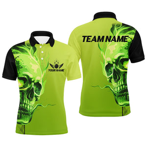 Custom Bowling Polo, Quarter Zip Shirts Men Green Flame Skull Team Bowling Jerseys Halloween Outfits NQS8363