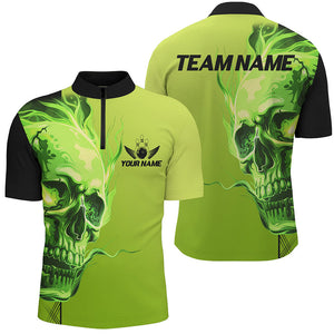 Custom Bowling Polo, Quarter Zip Shirts Men Green Flame Skull Team Bowling Jerseys Halloween Outfits NQS8363