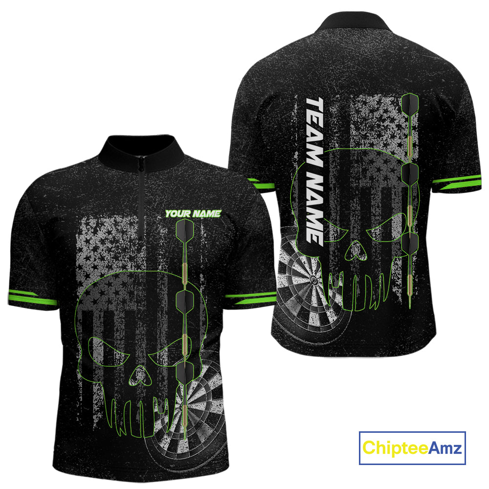 Black & White grunge American Flag Skull Mens Darts Shirt Custom patriotic Team Darts Jersey | Green NQS10748