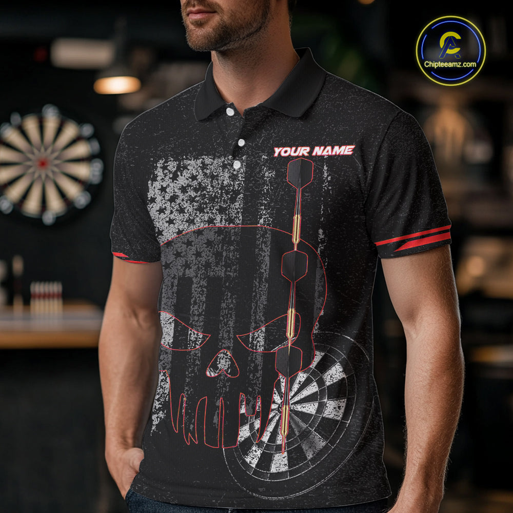 Black & White grunge American Flag Skull Mens Darts Shirt Custom patriotic Team Darts Jersey | Red NQS10749