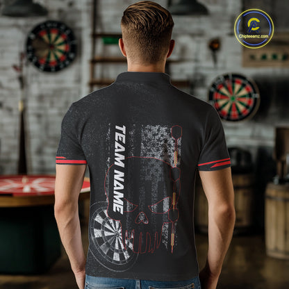 Black & White grunge American Flag Skull Mens Darts Shirt Custom patriotic Team Darts Jersey | Red NQS10749