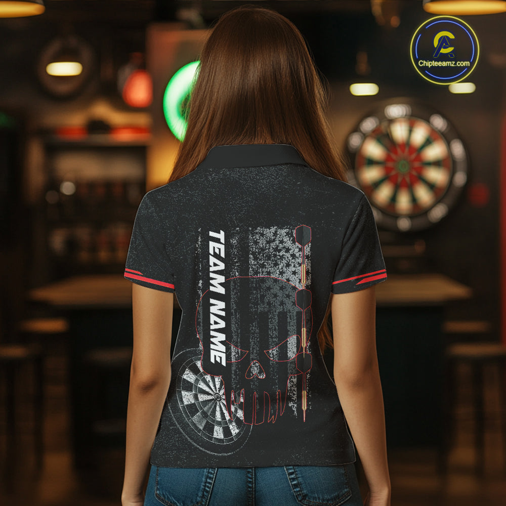 Black & White grunge American Flag Skull Women Darts Shirt Custom patriotic Team Darts Jersey | Red NQS10749