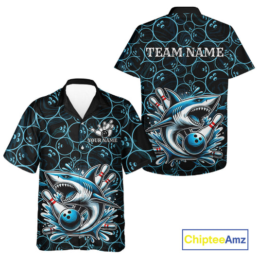 Black and Blue Camo Shark Bowling Hawaiian Shirt Custom Team Shark Bowling jerseys NQS11338