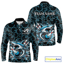 Load image into Gallery viewer, Black and Blue Camo Shark Bowling Polo, Quarter Zip Shirt For Men Custom Team Shark Bowling jerseys NQS11338