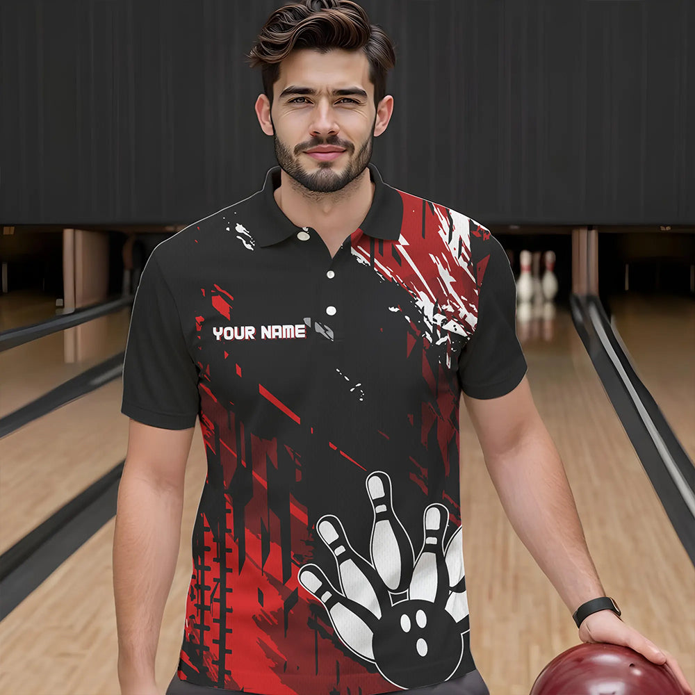 Black and Red Mens bowling shirts Custom retro bowling ball and pins bowling team league jerseys NQS9454