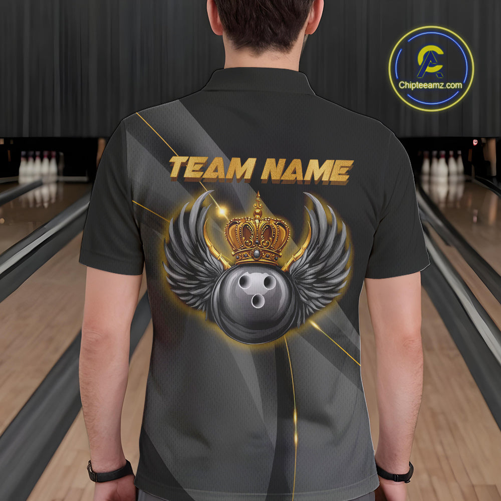 Black and Gold Crown Bowling ball wings Bowling Shirts For Men Custom Bowling Team Outfits NQS10549