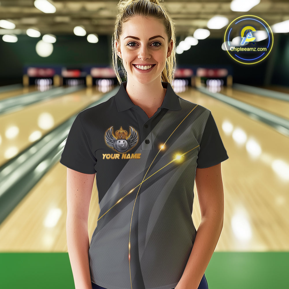 Black and Gold Crown Bowling ball wings Bowling Shirts For Women Custom Bowling Team Outfits NQS10549