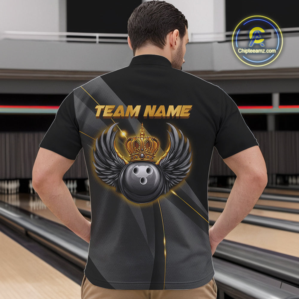 Black and Gold Crown Bowling ball wings Bowling Shirts For Men Custom Bowling Team Outfits NQS10549