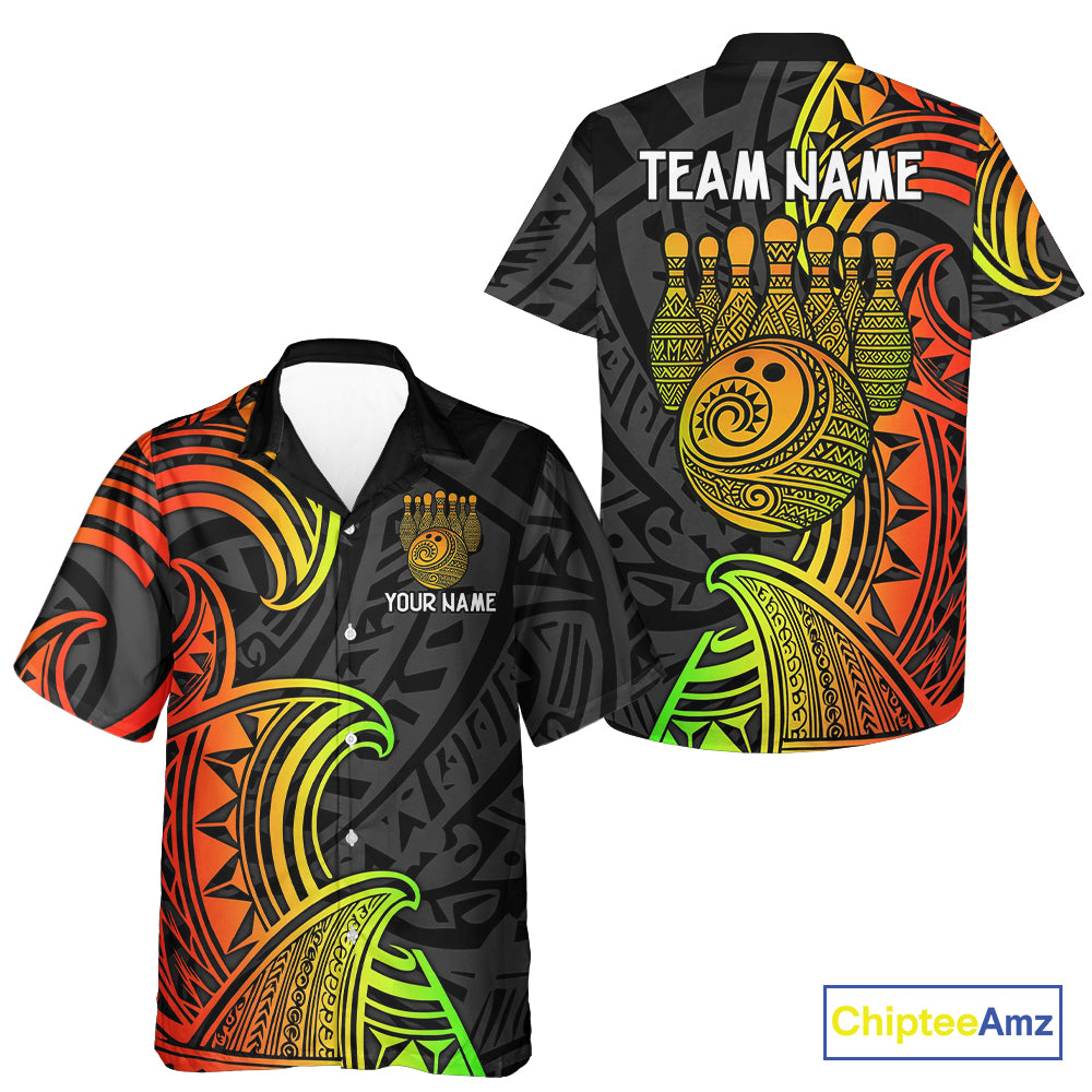 Personalized Black and Colorful Tribal pattern Bowling Hawaiian Shirt Custom Team Bowling Jersey NQS10764