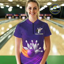 Load image into Gallery viewer, Purple Flame Bowling Polo, Quarter Zip Shirts For Women Custom Team Bowling Jersey Uniform NQS10768