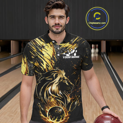 Black and Gold Lion Bowling Polo, 1/4 Zip Shirt for Men Custom Lion Bowling Team jerseys NQS11682