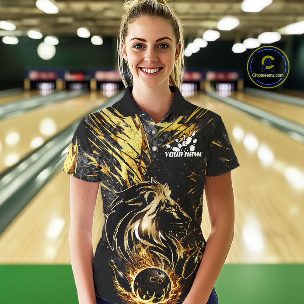 Black and Gold Lion Bowling Polo, 1/4 Zip Shirt for Women Custom Lion Bowling Team jerseys NQS11682