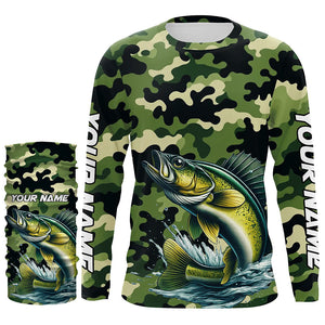 Black Green camo Walleye fishing Custom Long Sleeve Tournament Fishing Shirts, Walleye fishing Jerseys NQS7553