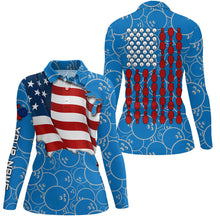 Load image into Gallery viewer, American Flag blue camo Bowling Shirt for Women Custom Polo, Quarter Zip shirt, Team Patriots Bowlers NQS7706