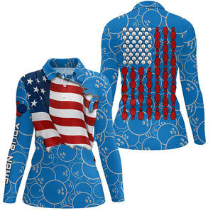 American Flag blue camo Bowling Shirt for Women Custom Polo, Quarter Zip shirt, Team Patriots Bowlers NQS7706