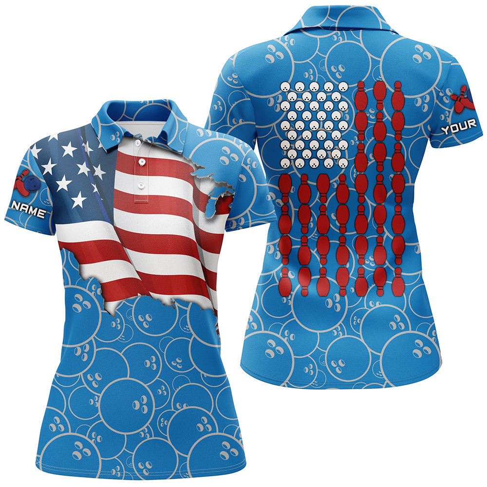 American Flag blue camo Bowling Shirt for Women Custom Polo, Quarter Zip shirt, Team Patriots Bowlers NQS7706