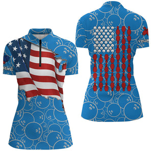 American Flag blue camo Bowling Shirt for Women Custom Polo, Quarter Zip shirt, Team Patriots Bowlers NQS7706