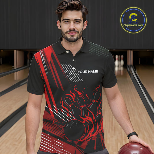 Black and Red Flame Bowling Polo, Quarter Zip Shirts For Men Custom Bowling Outfit Team Jerseys NQS10192