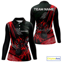 Load image into Gallery viewer, Black and Red Flame Bowling Polo, Quarter Zip Shirts For Women Custom Bowling Outfit Team Jerseys NQS10192