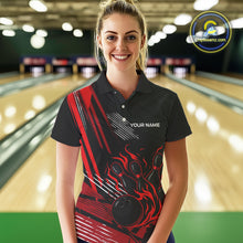 Load image into Gallery viewer, Black and Red Flame Bowling Polo, Quarter Zip Shirts For Women Custom Bowling Outfit Team Jerseys NQS10192