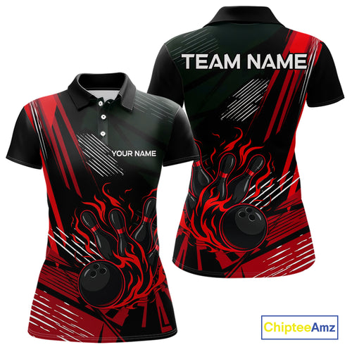 Black and Red Flame Bowling Polo, Quarter Zip Shirts For Women Custom Bowling Outfit Team Jerseys NQS10192
