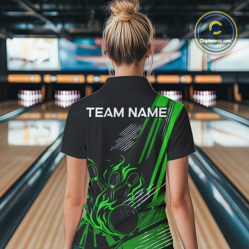 Black and Green Flame Bowling Polo, Quarter Zip Shirts For Women Custom Bowling Outfit Team Jerseys NQS10193
