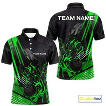 Load image into Gallery viewer, Black and Green Flame Bowling Polo, Quarter Zip Shirts For Men Custom Bowling Outfit Team Jerseys NQS10193