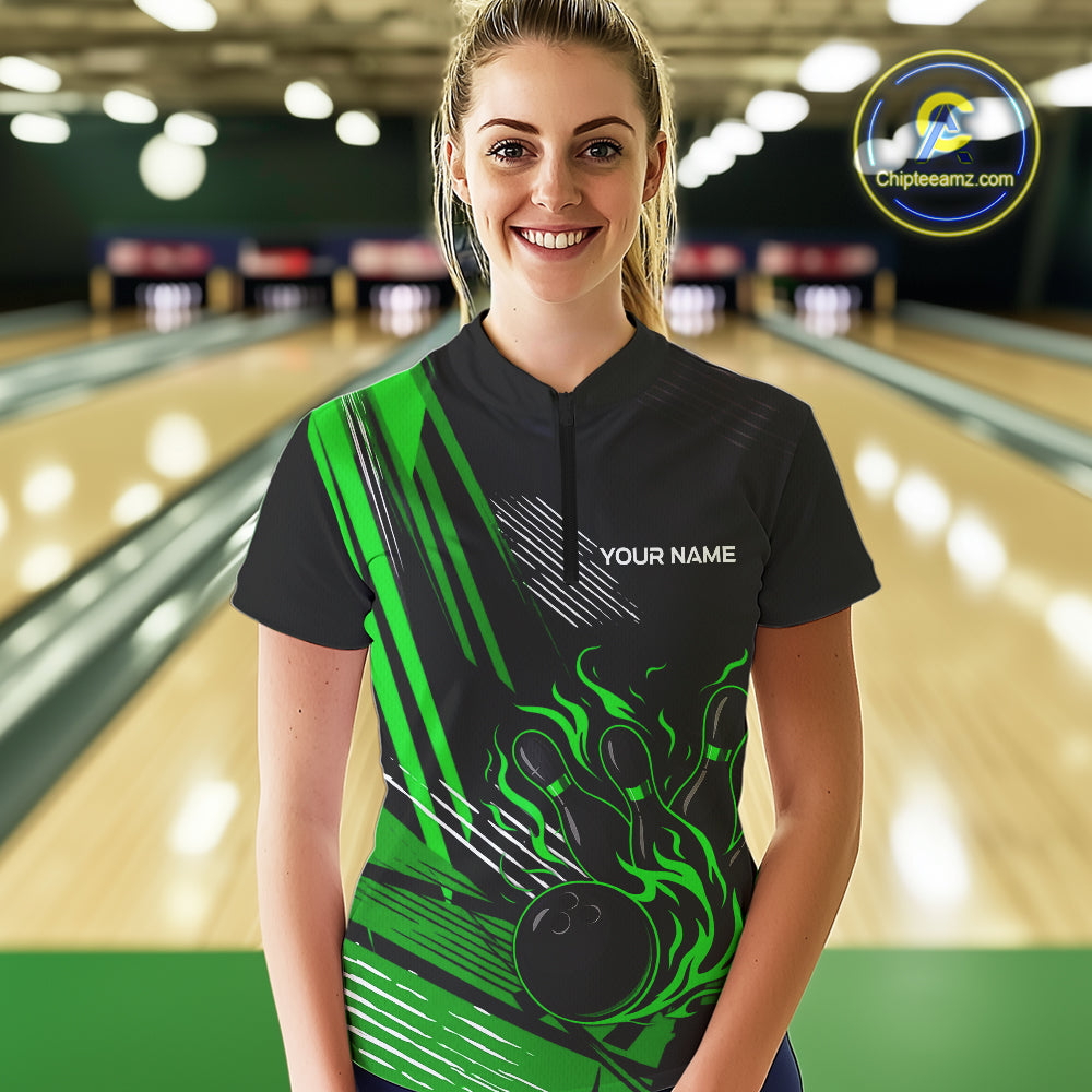 Black and Green Flame Bowling Polo, Quarter Zip Shirts For Women Custom Bowling Outfit Team Jerseys NQS10193