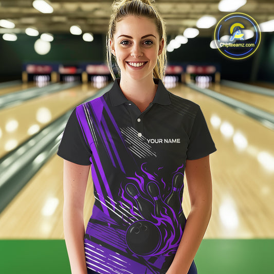 Black and Purple Flame Bowling Polo, Quarter Zip Shirts For Women Custom Bowling Outfit Team Jerseys NQS10194