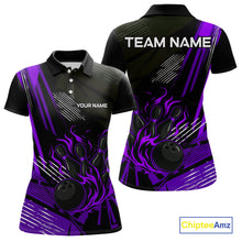 Load image into Gallery viewer, Black and Purple Flame Bowling Polo, Quarter Zip Shirts For Women Custom Bowling Outfit Team Jerseys NQS10194