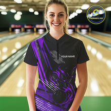 Load image into Gallery viewer, Black and Purple Flame Bowling Polo, Quarter Zip Shirts For Women Custom Bowling Outfit Team Jerseys NQS10194